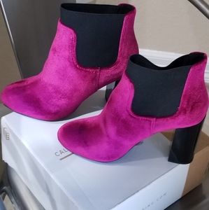 Fuchsia Pink Velvet Boot Black Contrast Shiny Heel